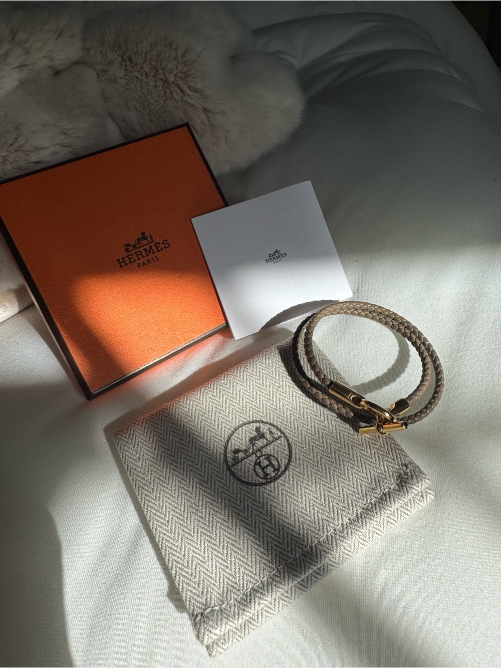 Hermes Double Wrap Leather Bracelet in Taupe with Gold Hardware